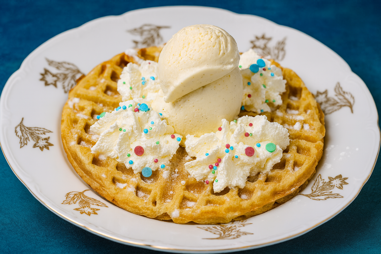 Frische Waffel mit Vanilleeis und Sahne